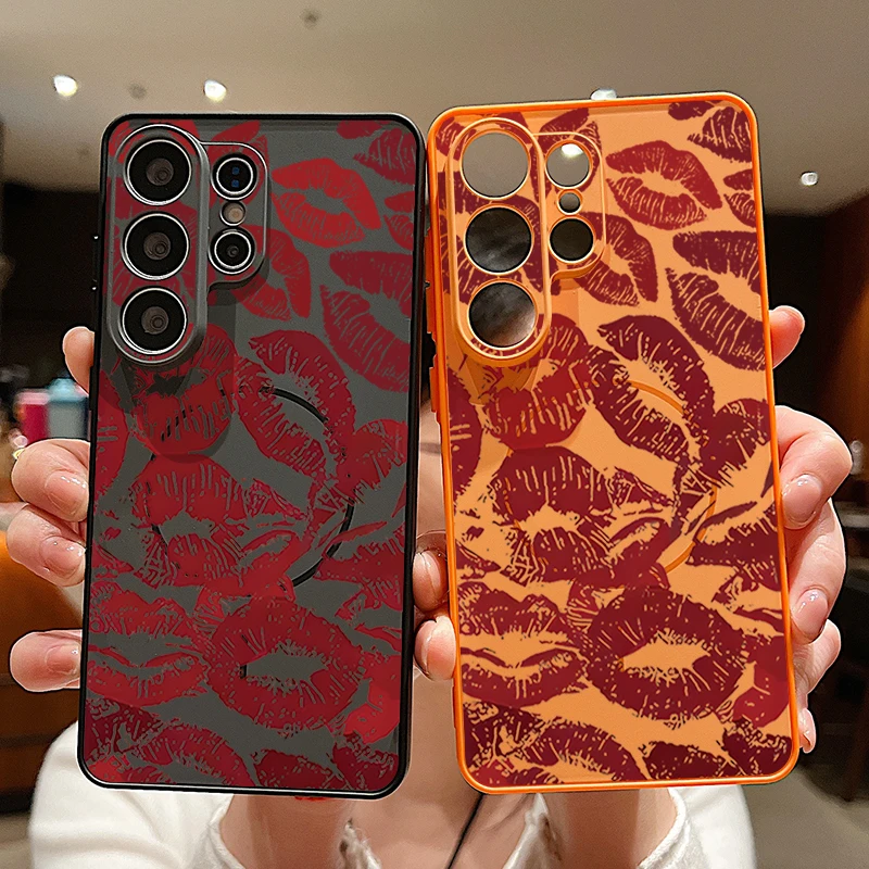 Magnetische Handyhülle mit rotem Lippenmuster für Samsung Galaxy S26 S25 S22 Ultra Edge S24 S23 FE A17 A56 A37 A16 A55 A36 A55 A15 Cover