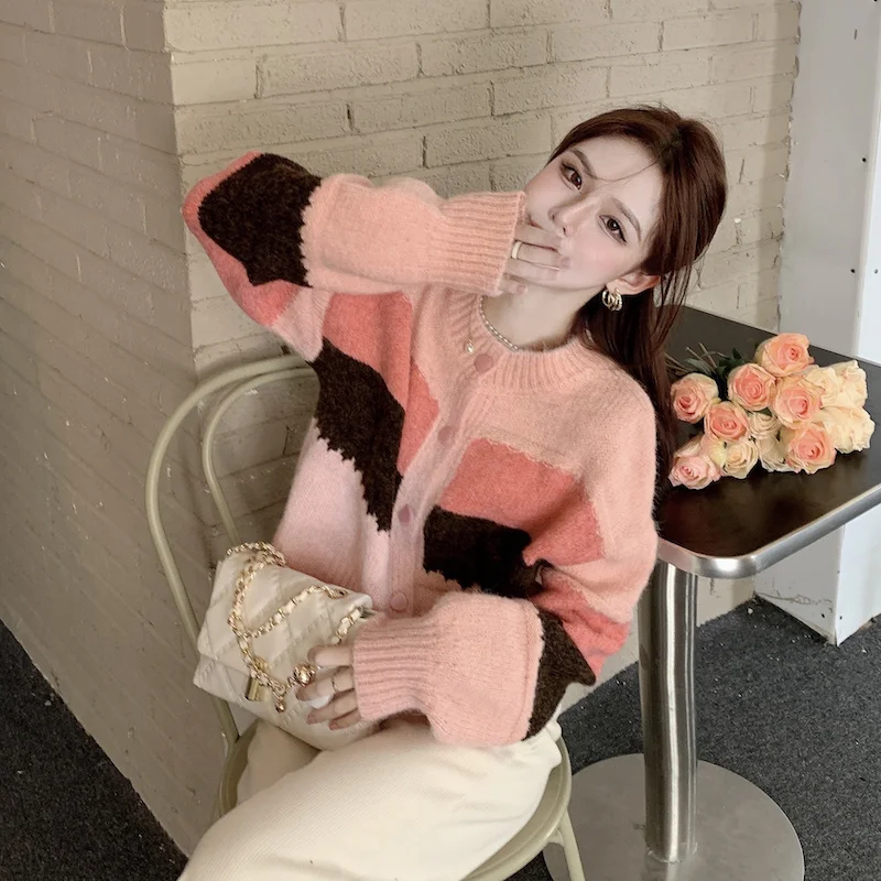 Autumn Winter New Multicolor Short Style Knitted Cardigan Vintage Lazy Wind Chic Button Pullovers Women Fashion Loose Sweater