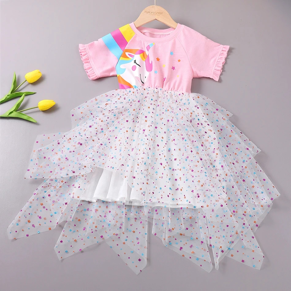 

Muababy 2023 New Girl Tulle Dress Summer Sleeveless Unicorn Print Kids Sequin Rainbow Costume Children Dress