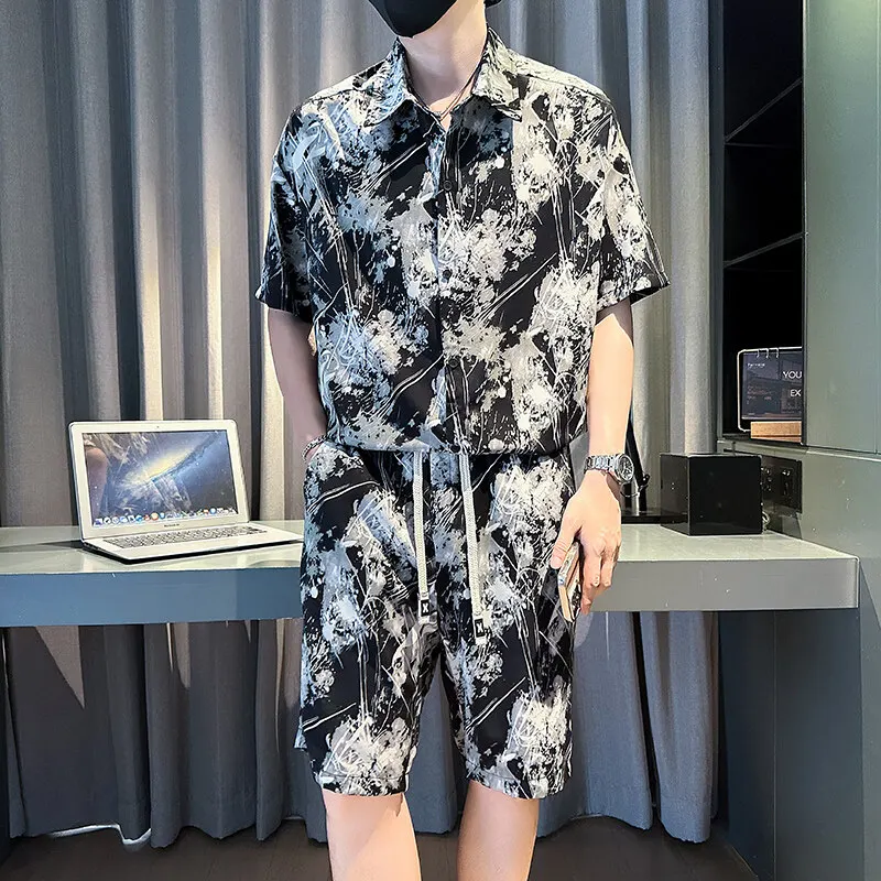 

2025 Summer New Men's High Quality Short sleeved Shirt+Shorts Ice Silk Trendy Loose Men's Set