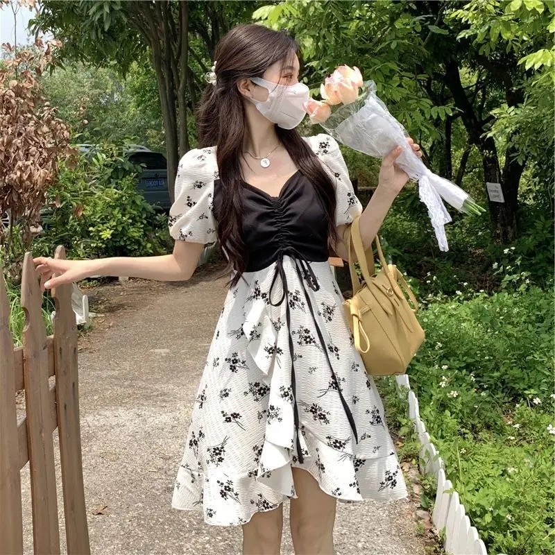 

Fashion Women Dress Summer Niche Skinny Floral Dress Irregular Fake Two Pieces Square Neck Dress Casual Cute Sweet Dress Female