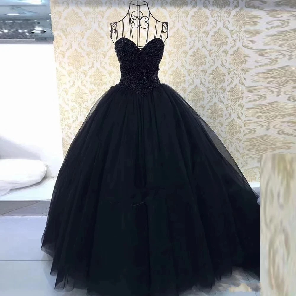 ANGELSBRIDEP-Vestidos góticos negros para quinceañera, corpiño De cuentas brillantes, vestido De cumpleaños De Cenicienta De tul con escote corazón