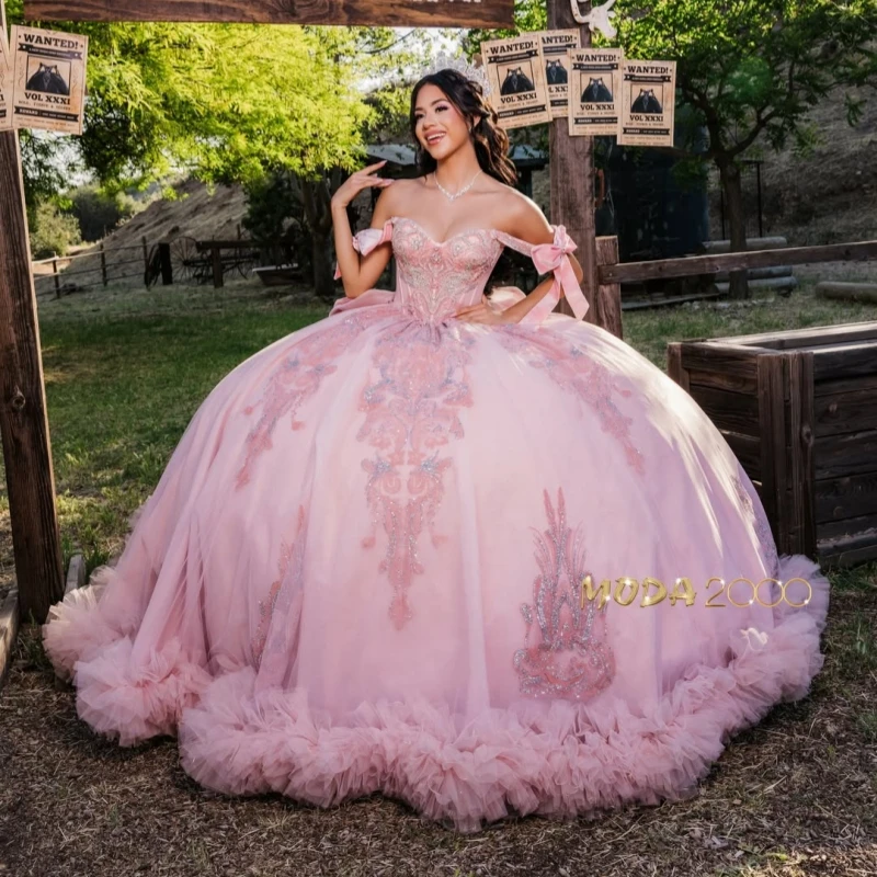 

Pink Shiny Ball Gown Quinceanera Dresses Applique Lace Beading Crystal Bow Tiered Tull Corset Off The Shoulder Sweet 16 Dress