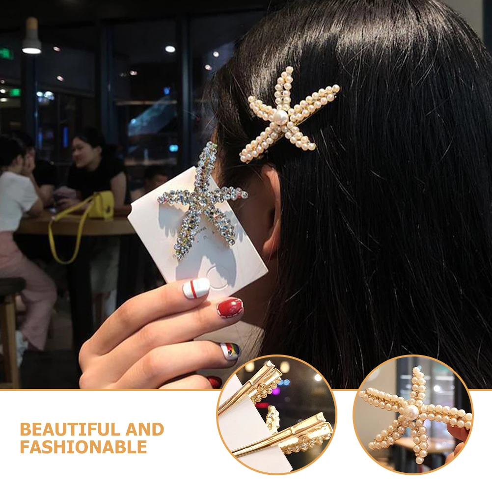 

4Pcs Star Hair Clips Rhinestone Pearl Bangs Holders Stylish Bride Accessories For Women Girls