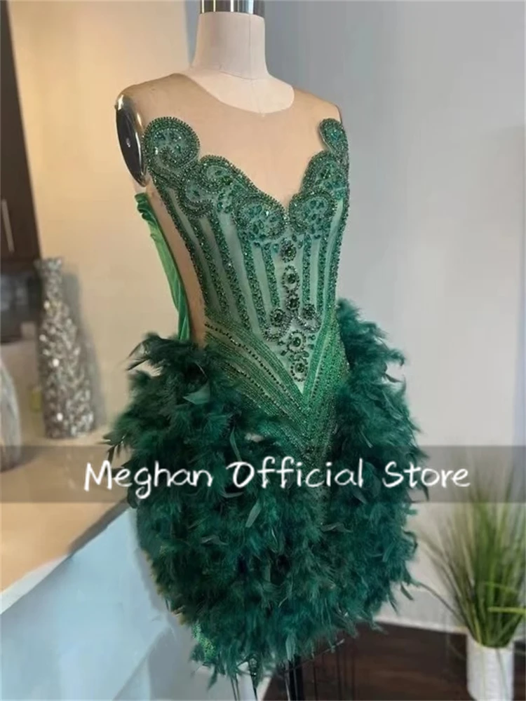 Green O Neck Short Prom Dresses For Black Girls Bead Crystal 2024 Birthday Luxury Dress Feather Graduation Gown Homecoming