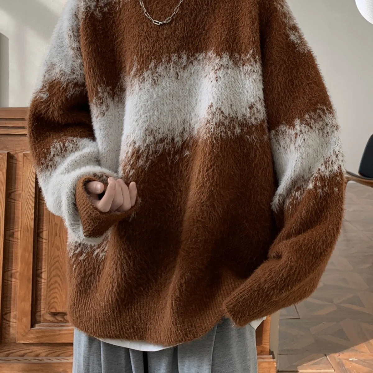 

Style Vintage Color Blocking Cable Knit Striped Round Neck Sweater for Men Winter Warm Preppy Thickened Knit Sweaters