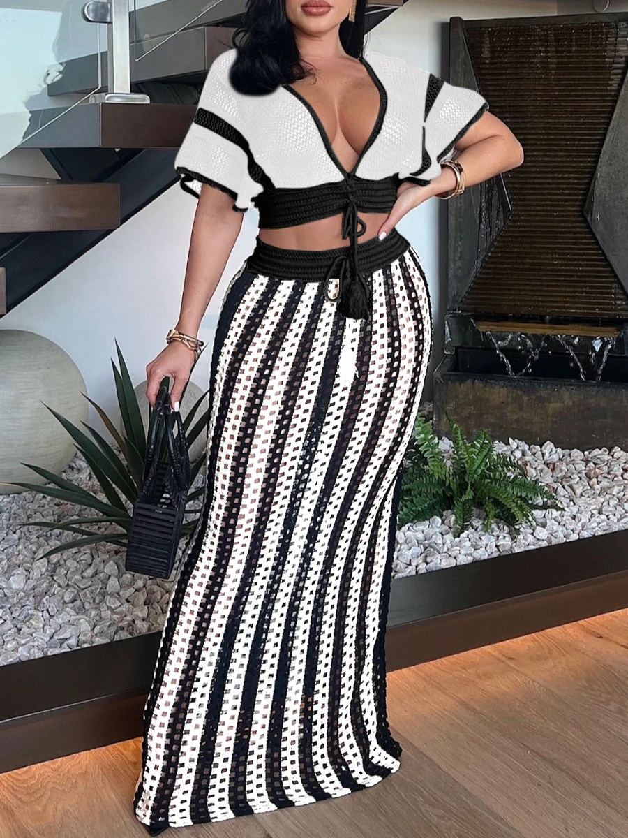 LW Summer Knitted Beach Skirt Sets Backless Crop Top Striped See Through Skirt Set Women Sexy Backless Slim Bohemian Outfits