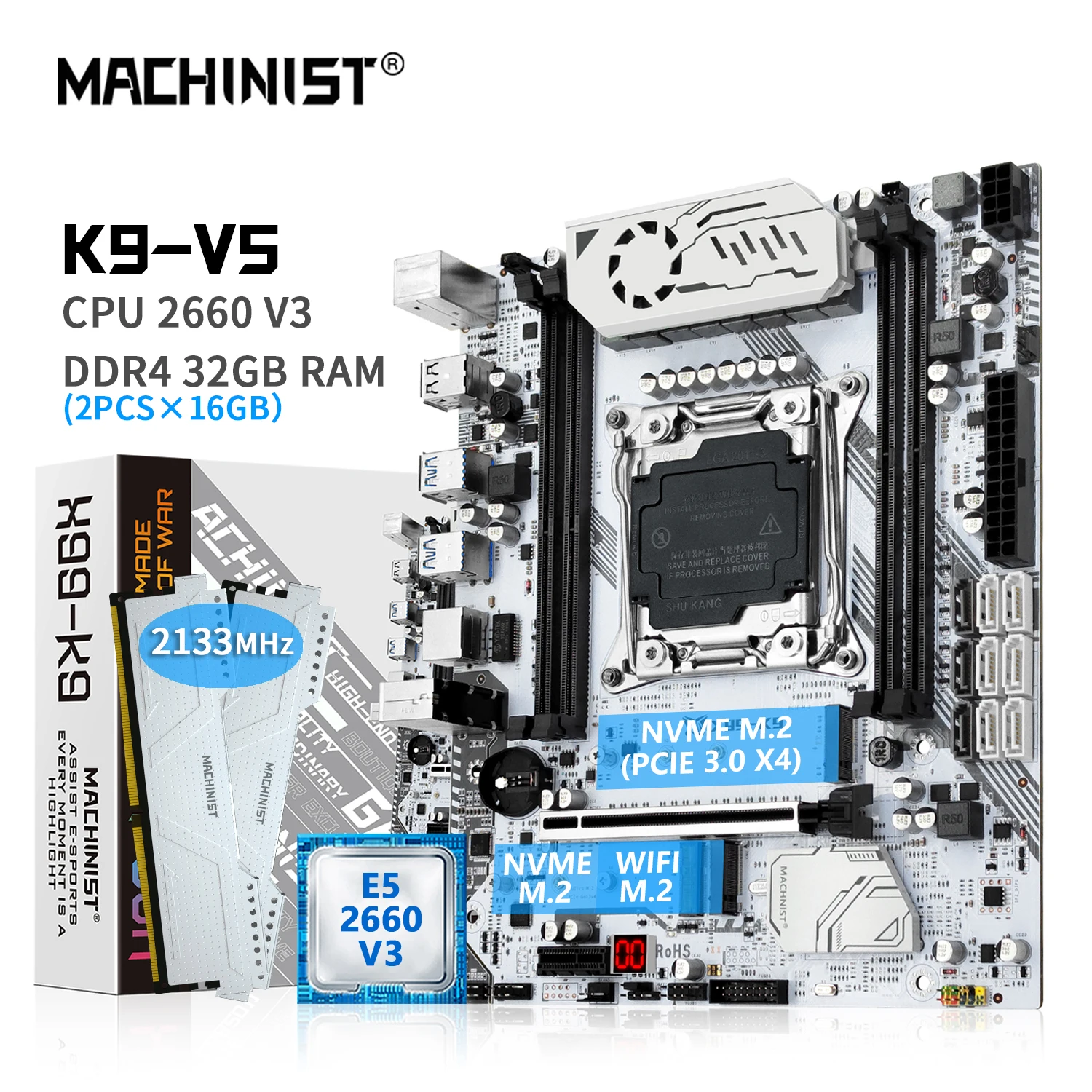 MACHINIST X99 Motherboard Combo Kit LGA 2011-3 Processor Xeon E5 2660 V3 CPU 32GB DDR4 2133MHz RAM Memory NVME M.2 WIFI K9 V5