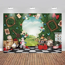 Alice In Wonderland Green Fence Tea Backdrop Kids Fairy Tale Grass Background Key Checkerboard Floral Plant for Baby Shower