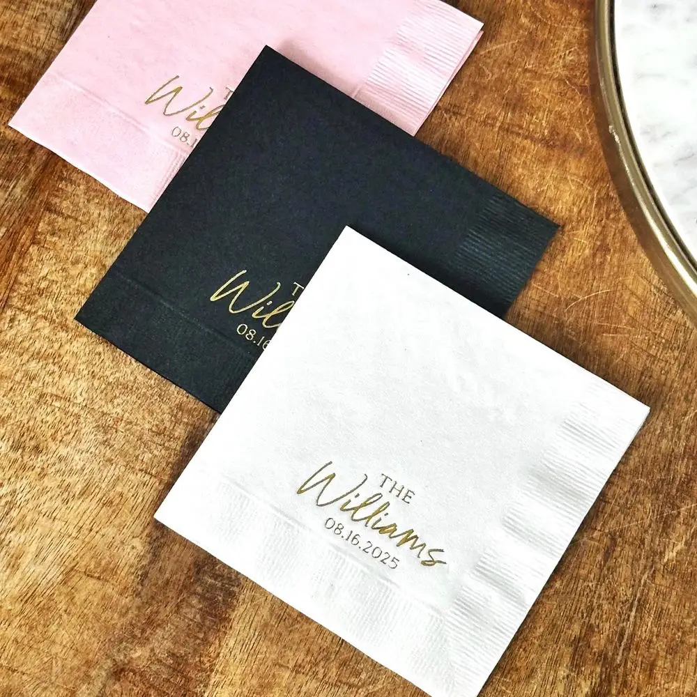 Serviettes en papier personnalisées pour mariage, 50 à 100 pièces, jetables, pour fête, avec texte en feuille d'or ou Table avec LOGO, décor de luxe