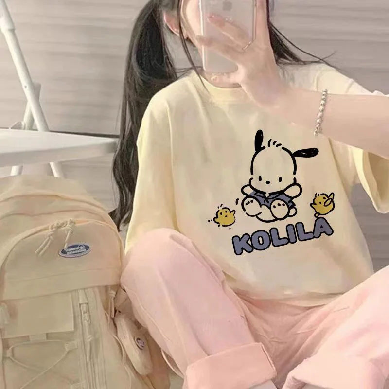 Cute Sanrio Hello Kitty Kuromi Summer Tshirt Cartoon Anime Loose Kawaii Light Thin Ventilate Couple Short Sleeve Top Girl Gifts