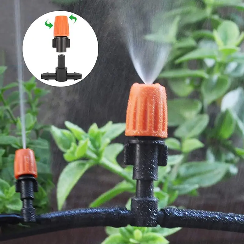 Orange Adjustable Misting Nozzle For Garden Greenhouse 7.5-10L/H T-Type With 1/4 Inch Tee Connector Fits 4/7mm Hose Sprayer