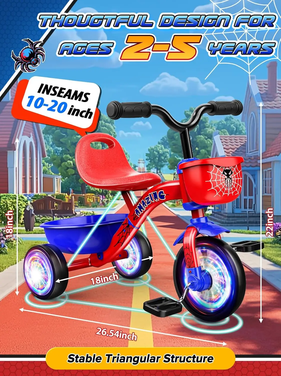 Toddler Tricycle for 1-5 Year Olds, Balance Bike with Colorful Lighting Wheels & Large Basket, Birthday Gift for Boys Girls view 6