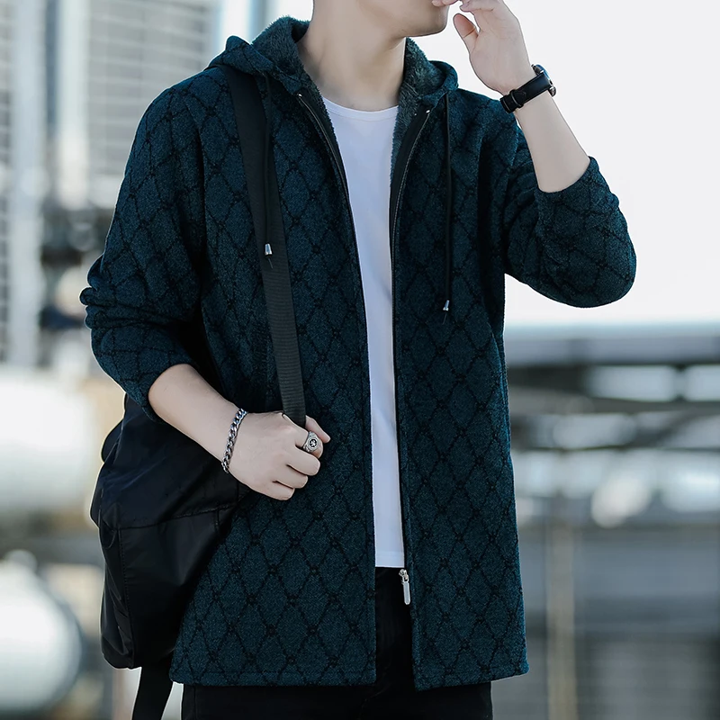 New Mens Long Cardigan Jacket Knitted Hooded Jacket Coat Korean Autumn Winter Thick Sweater with Plush Fashion Overcoat