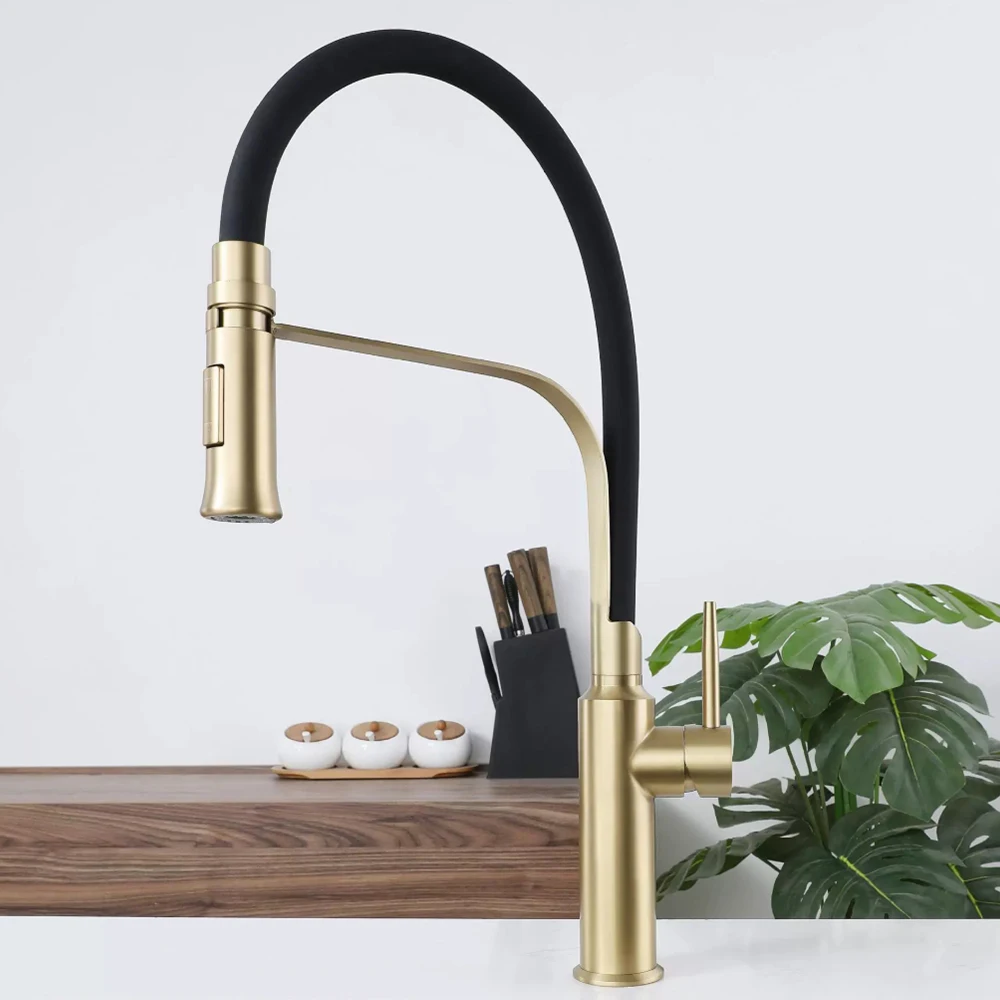 اللون الذهبي، 304 خلاط المطبخ الفولاذ المقاوم للصدأ بالوعة الحنفية، الماء البارد والساخن، نموذجين المياه خارج، مقبض واحد فتحتين