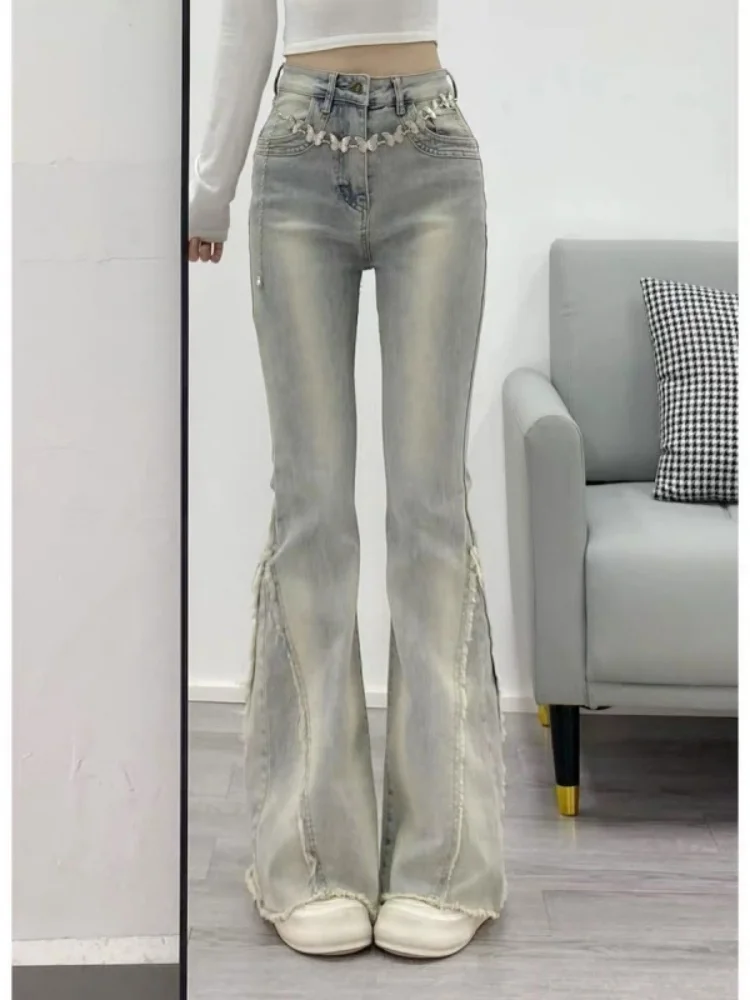 

Ретро американские потертые джинсы с потертостями, женские зимние новые тонкие расклешенные длинные брюки с высокой талией, повседневные прямые джинсы