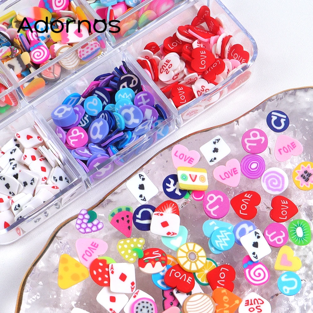 Love Heart Nail paillettes Polymer Clay Colorful Nail Design Cute Poker Card Fruit Cake Shape Mix Nail Art forniture e decorazioni