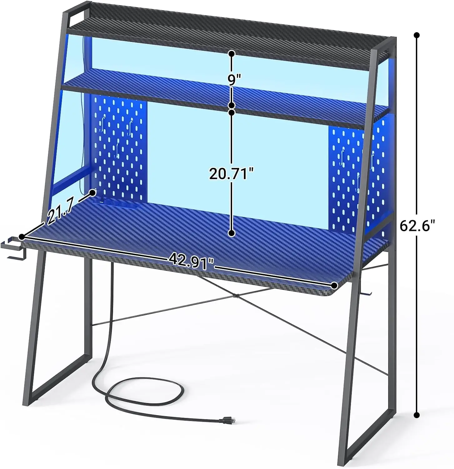 Small Gaming Desk With Hutch And Led Lights, Gaming Computer Desk With Power Outlets, Gamer Desk With Storage Shelves, Pc