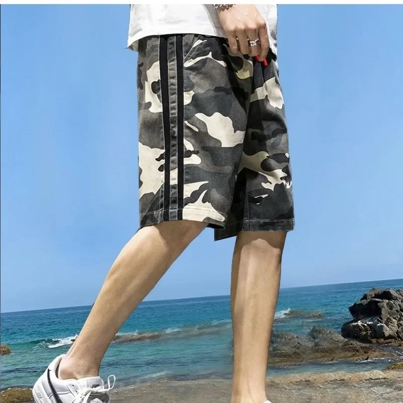 

Loose Camo with Pockets Elastic Waist Wide Long Short Pants for Men Half Baggy Bermuda Mens Cargo Shorts Draw String Camouflage