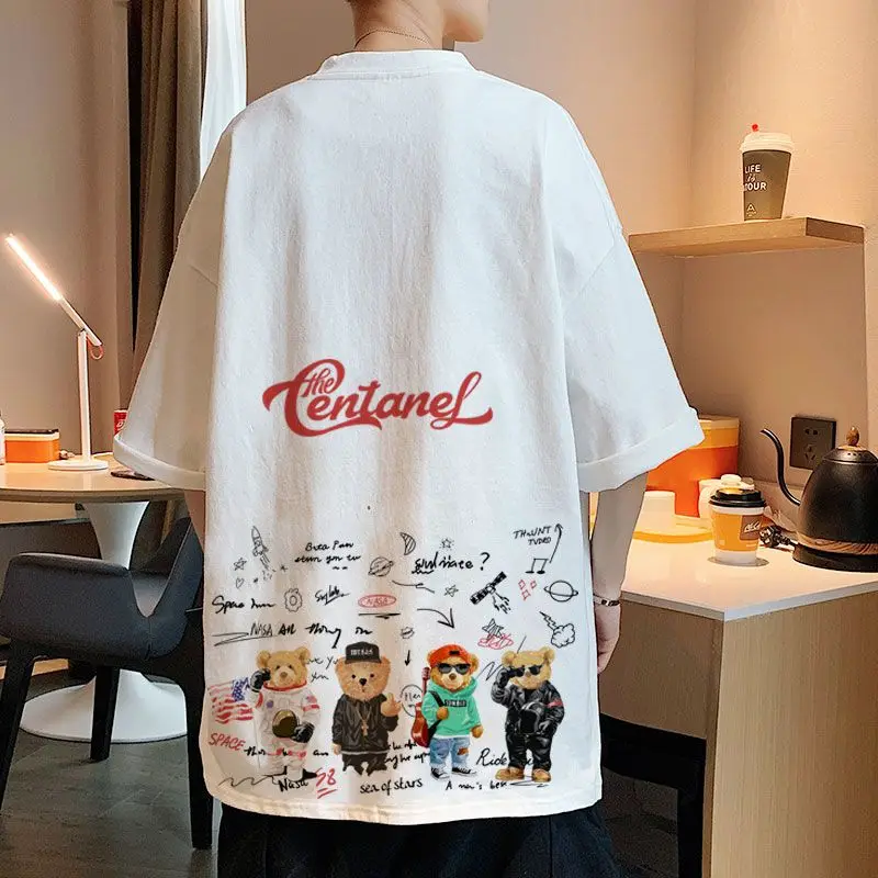 Summer Pure Cotton Loose Round Neck Short-sleeved Men Woman Tshirts 2023 NEW Bear Cartoon Graphic Korean Style Oversized T Shirt