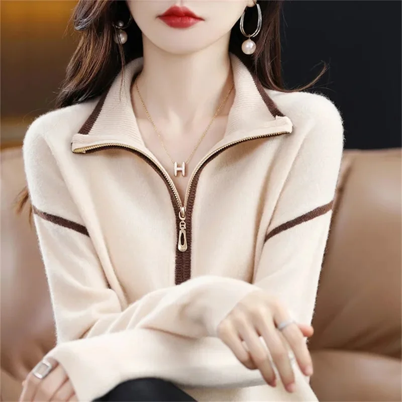 Spring Autumn Top-grade Fashion Lapel Sweater Female Joker Half-high Zipper Loose Pullovers Sweater Jumper Bottoming Women Top