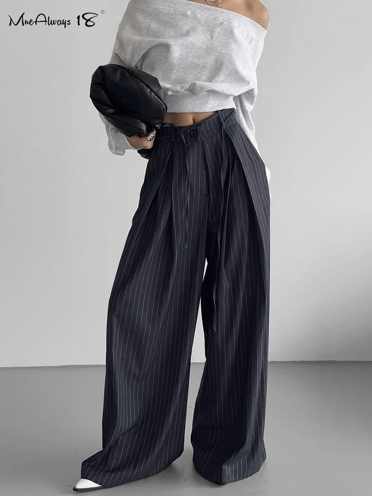 女性用プリーツストライプパンツ,レースアップオフィスパンツ,地面までの長さ,ワイドレッグ,ロングカジュアルパンツ,Mnealways18-High,春,2022
