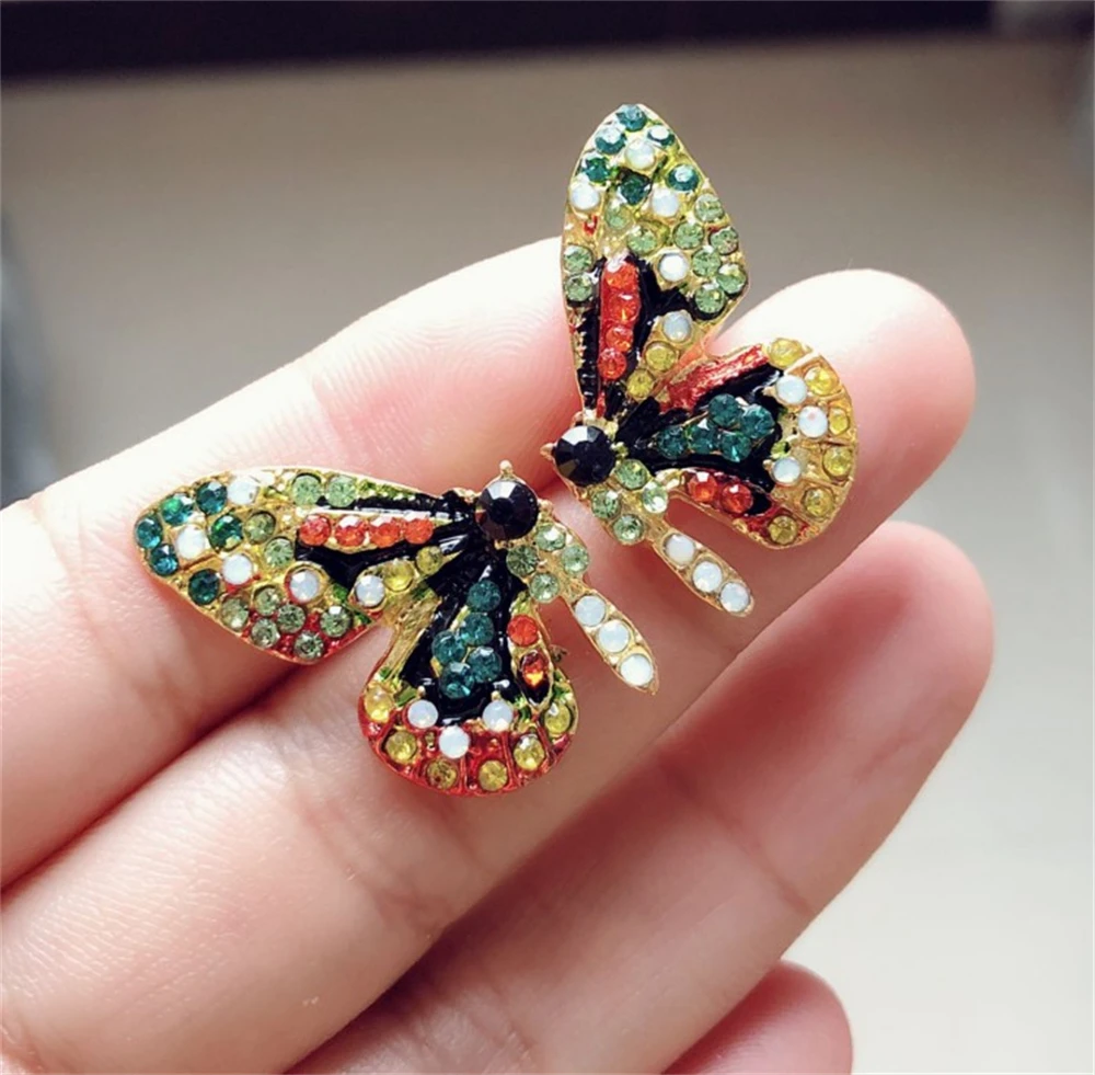 1pair Colorful Crystal Butterfly Stud Earrings Elegant Rhinestone Insect Earring For Women Girls Summer Beach Party Jewelry Gift