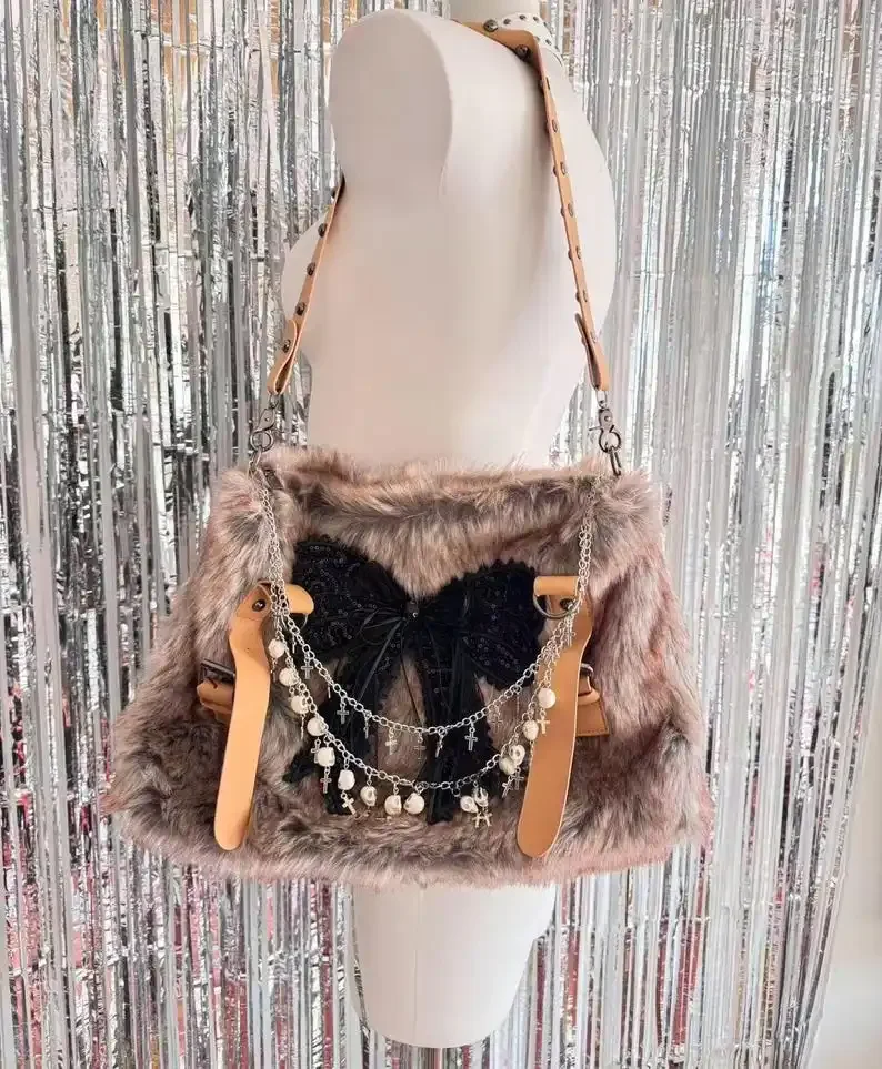Retro Crossbody Bag Y2k Emo Shoulder Bag Gift for Her Boho Brown Fur Tote Cute Pink Mesh Bow Tie Bag