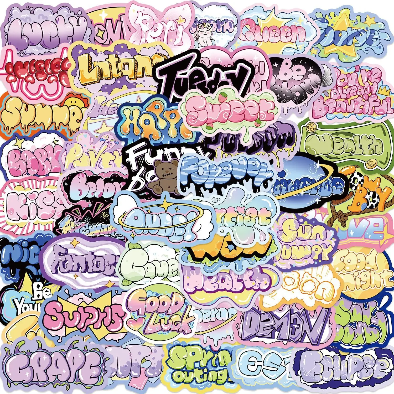 50pcs Ins Style Cartoon Graffiti Text Stickers To Decorate Guitar Laptop Suitcase DIY Waterproof Party Stickers
