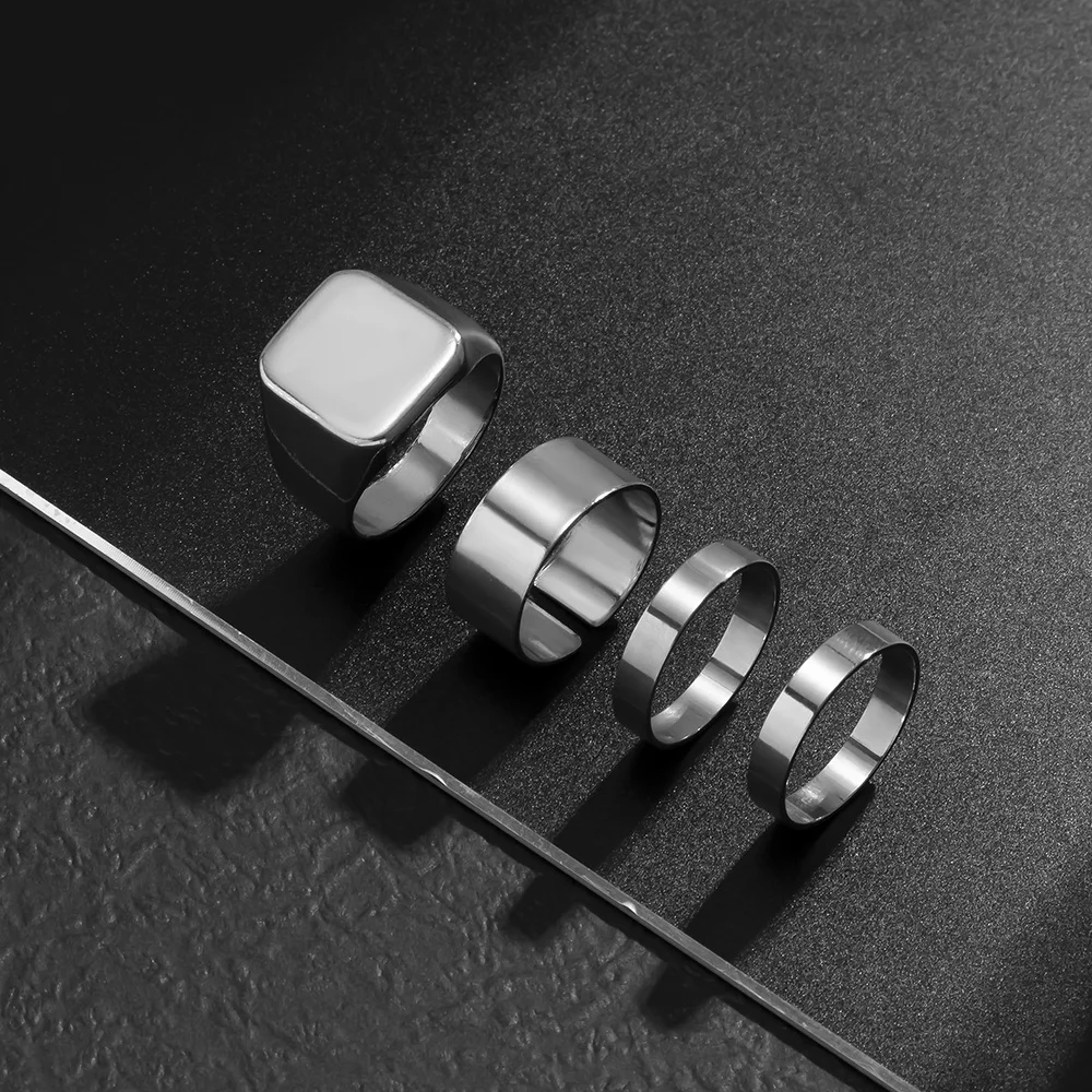 4 Stück silberfarbener minimalistischer Ring für Herren, schlichter, polierter Bandring mit quadratischem Siegelstein, geometrischer Schmuckset – Detail 6