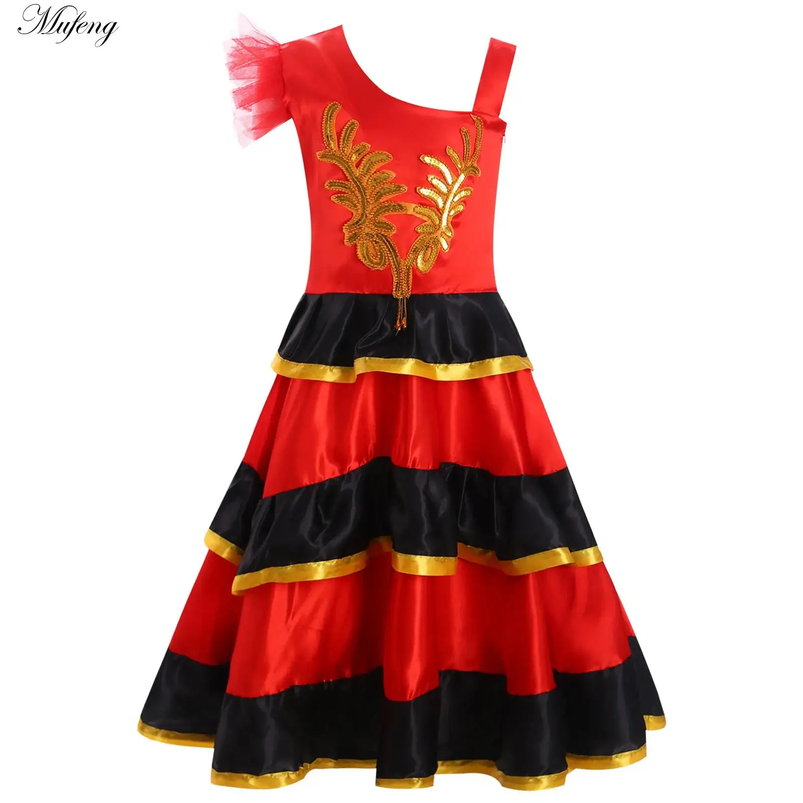 Girls Spanish Flamenco Dance Dress Gypsy Belly Dancer Performance Costume 360 Degree Wide Hemline Ruffled Belted Skirt Headwear