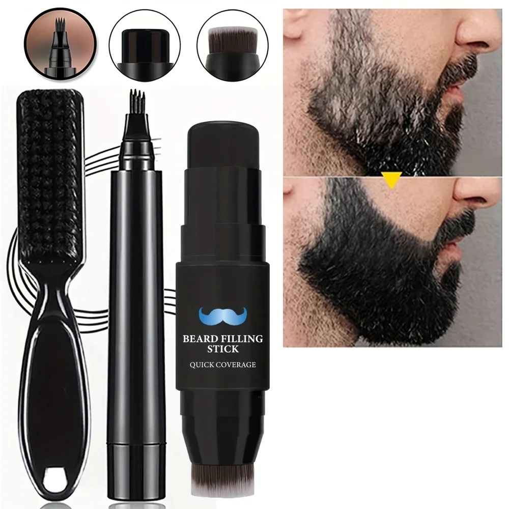 

2pcs Men'S Beard Filling Pen Set with Beard Brush,Enhances Beard,Mustache and Eyebrows,Black and Brown 4-Tip Beard Pen Set