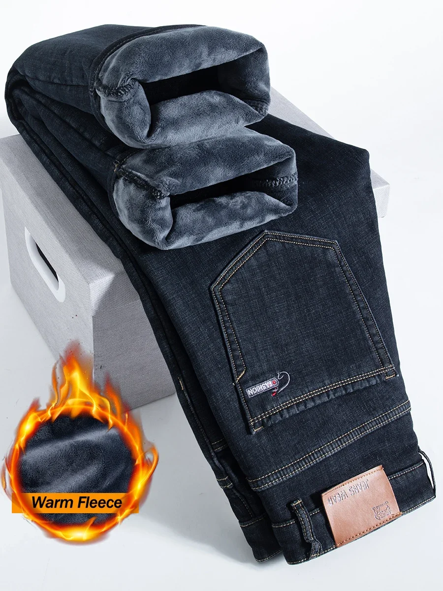 2026 New Winter Jeans Men's Warm Fleece Elastic Denim Pants Thickened Thermal Fashion Straight Korean Business Casual Trousers