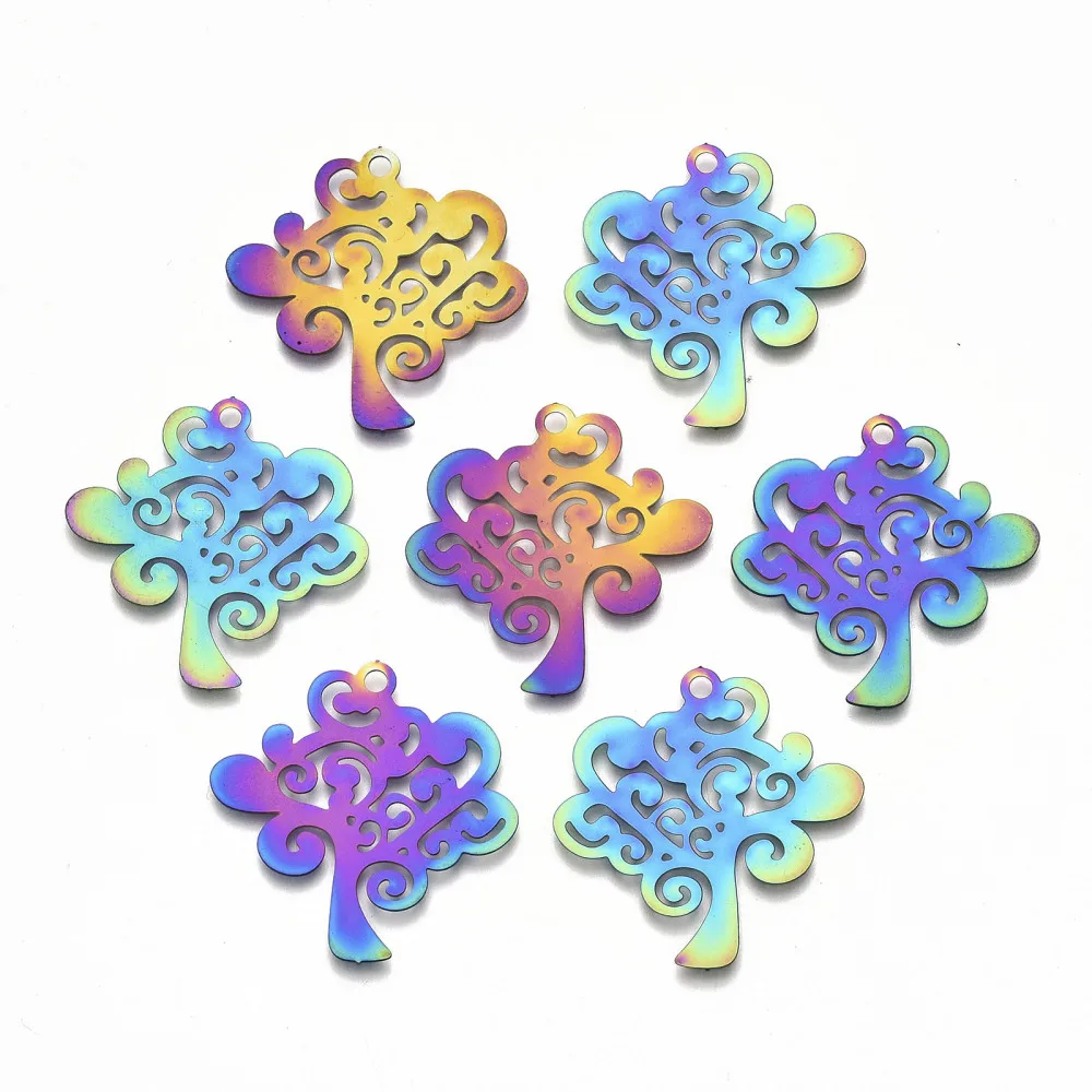 5Pcs Jewelry Making Charms 201 Stainless Steel Pendants Etched Metal Embellishments Tree of Life Rainbow Color for Women DIY