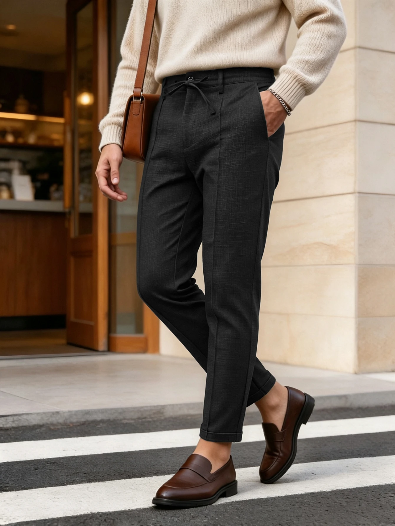 Men Dark Grey Grid Linen‑Look Drawstring Waist Dress Pants, Center Seam Pleat Cuffed Cropped Ankle‑Length Business CasualTapered