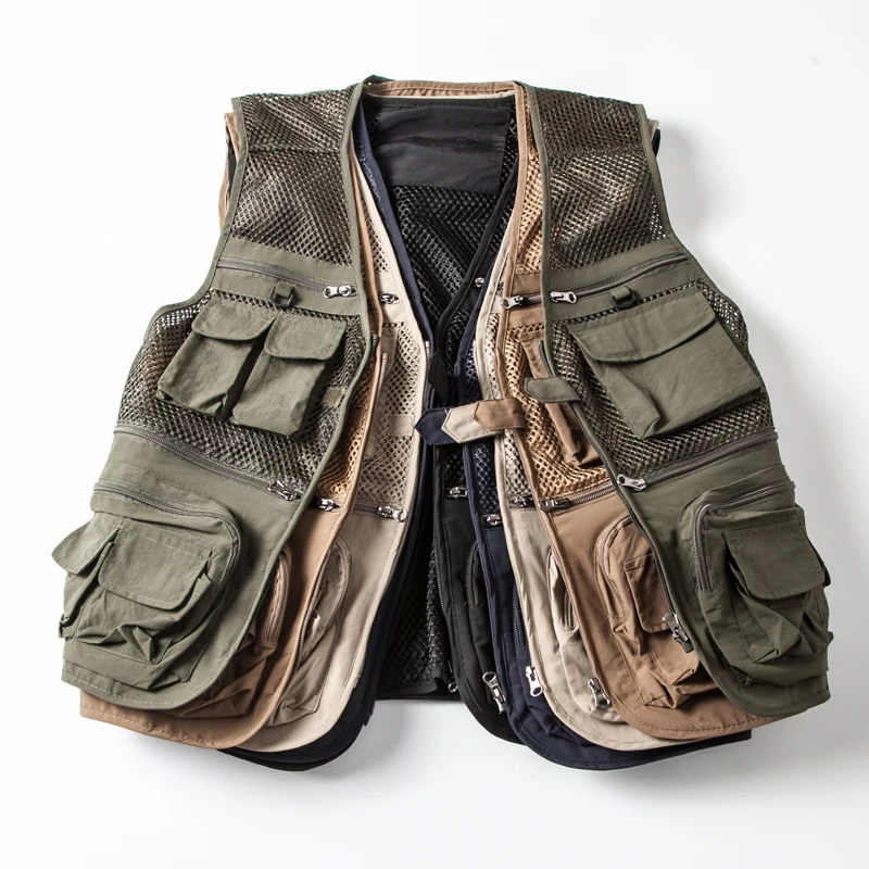 

Workwear vest Men's spring summer thin hollow out multi pocket functional tactical vest Trendy brand Zipper vest coat M65