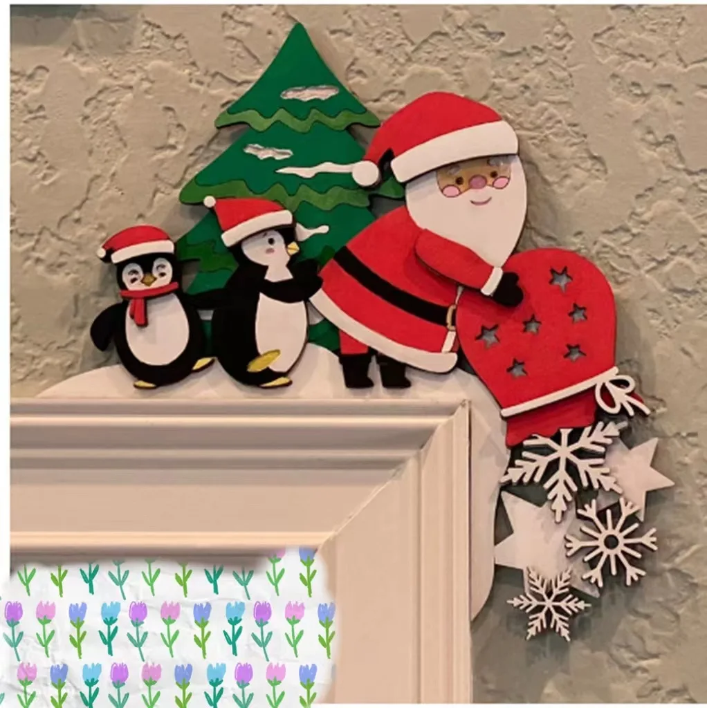 Moldura de porta de canto de natal de madeira decoração dos desenhos animados papai noel elk natal pinguim pingente feliz natal decoração para moldura da porta
