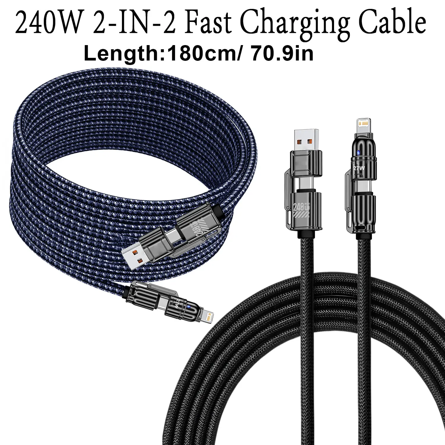 1.8M 240W USB-C 2-in-2 PD Fast Charging Cable Multi Port USB Data Charger Cord For iPhone Xiaomi Samsung Android PD Charge Cable