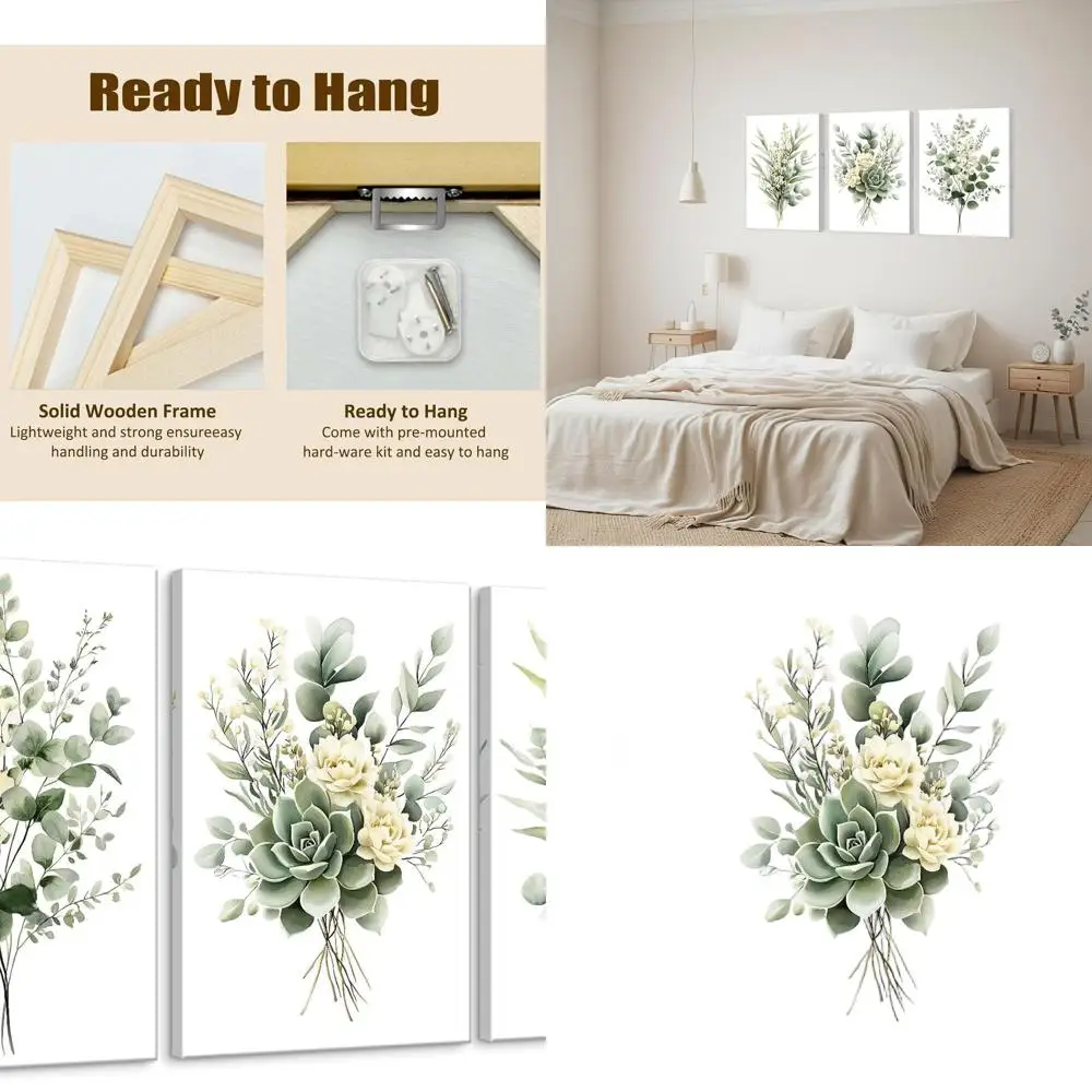 

Настенное искусство с акварелью и зелеными растениями в рамке, современный цветочный декор для дома, набор из 3 шт., 16x24