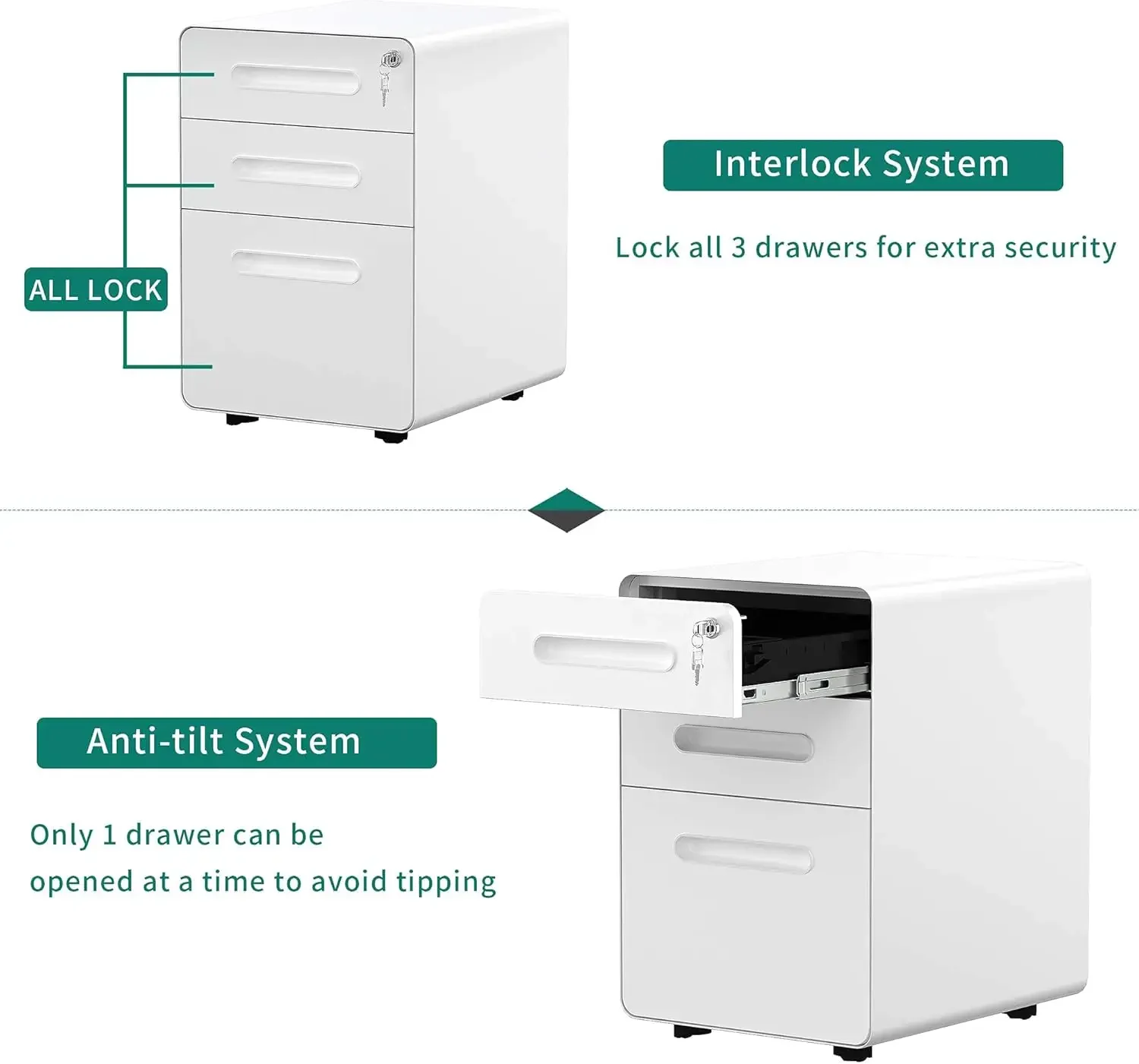 3-Drawer Rolling File Cabinet, Metal Mobile File Cabinet with Lock, Filing Cabinet Under Desk fits Legal/A4 Size for Home/Office