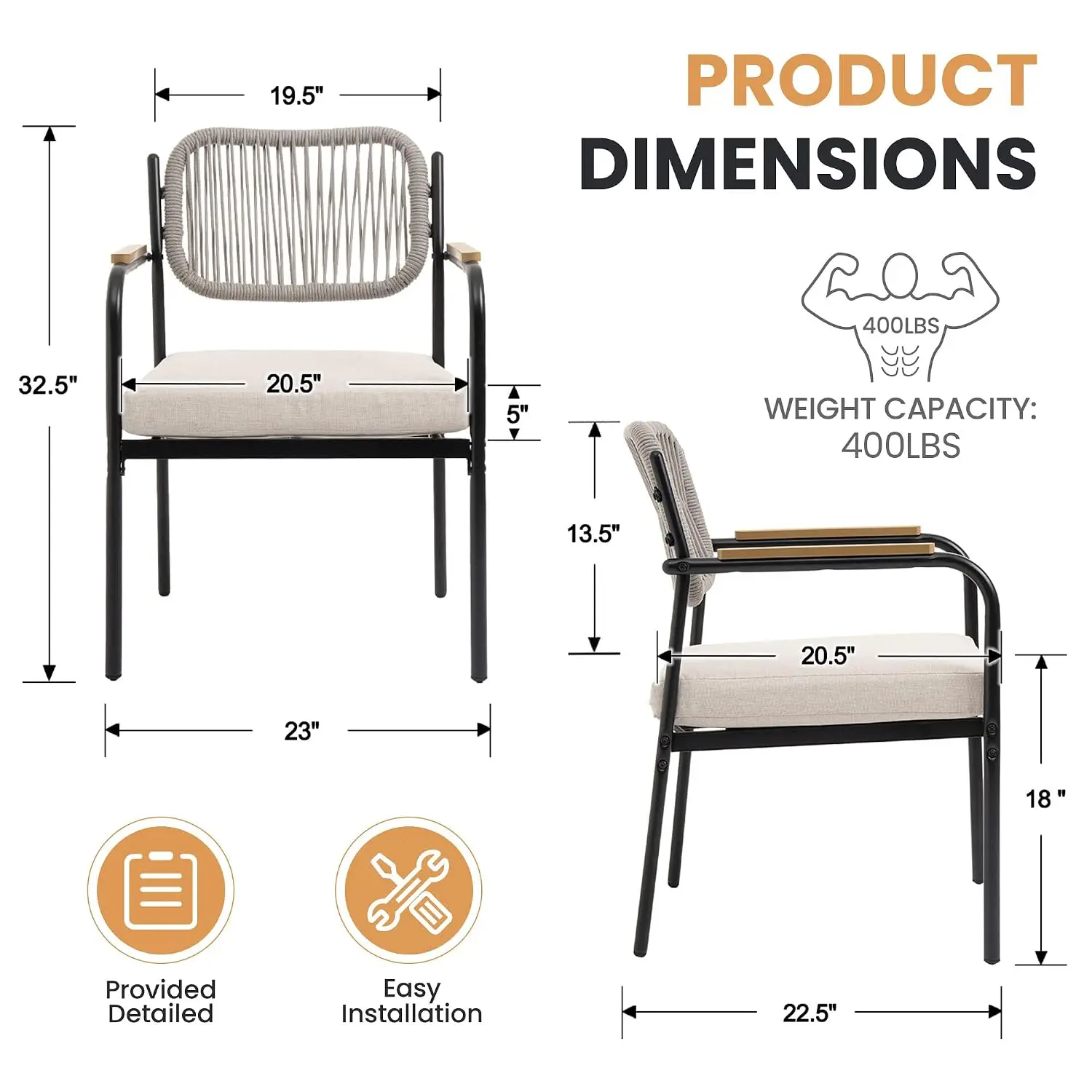Stackable Patio Dining Chairs Set of 6, Modern Stacking Outdoor Dining Chairs, Rope Dining Chair with Armrest, Heavy, Custom
