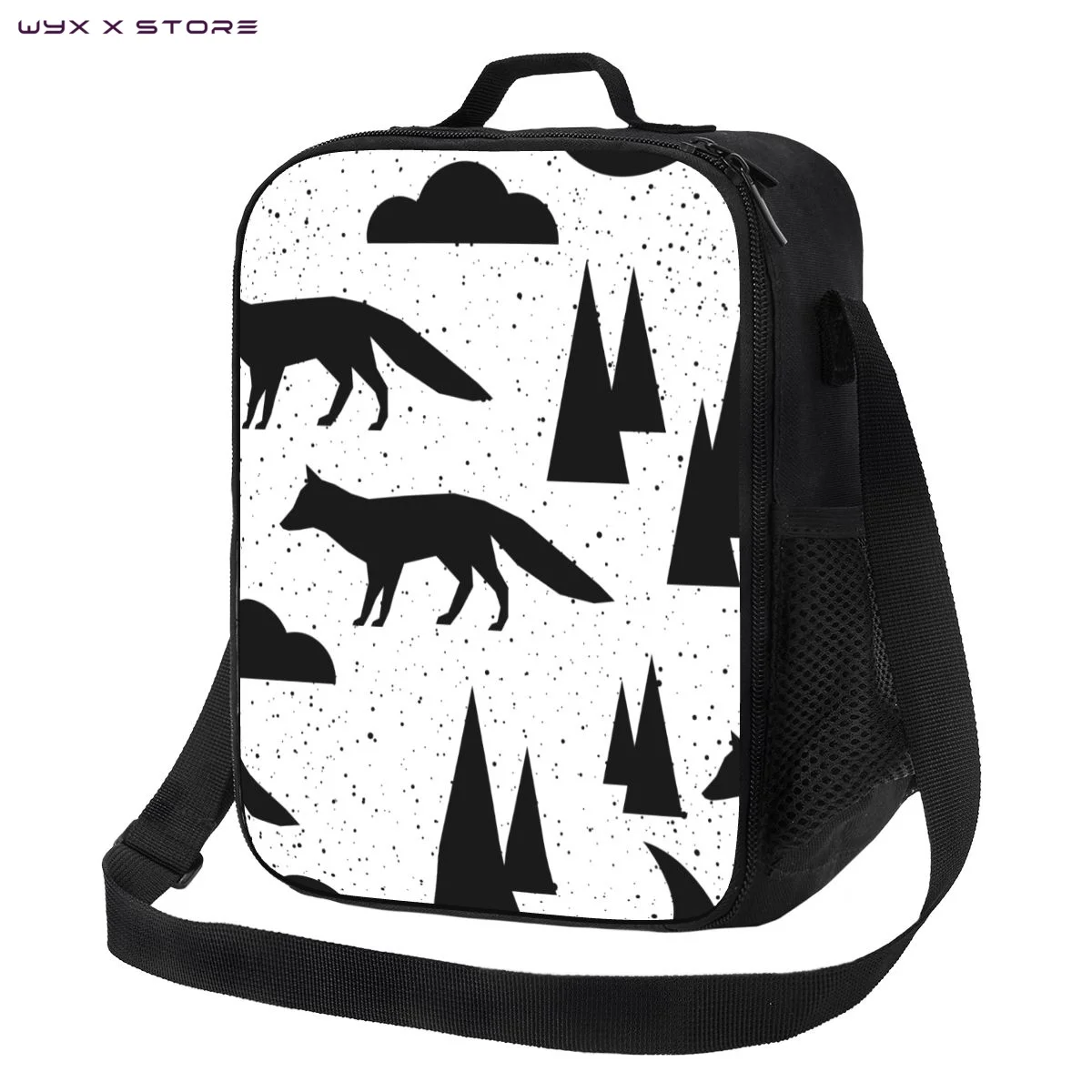 Black White Forest Tree Cloud Fox Insulated Lunch Bags Cooler Lunch Container Large Tote Lunch Box Food Handbags College Picnic