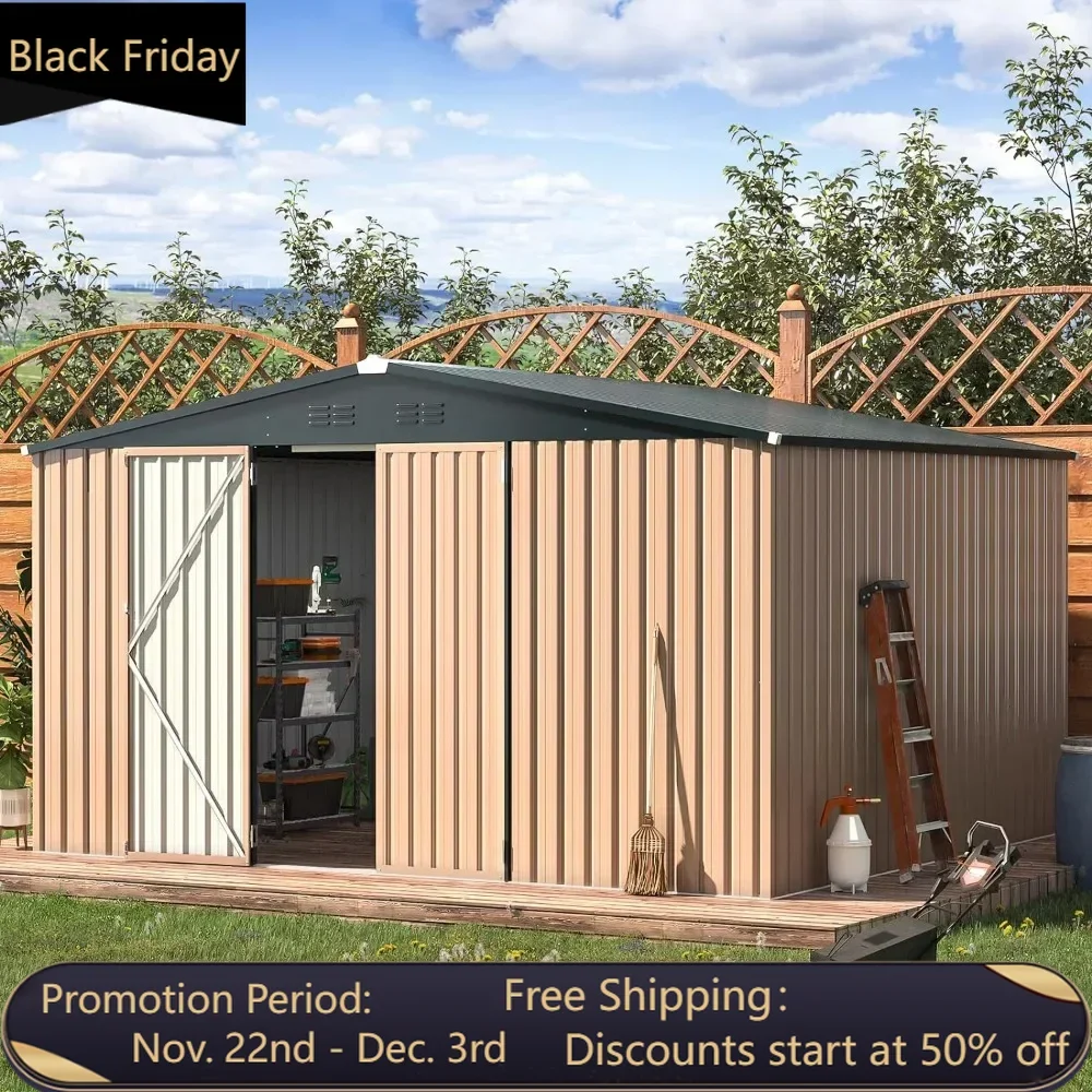 12 'x 10' metal storage shed, oversized steel courtyard shed, designed with lockable doors and practical tool storage