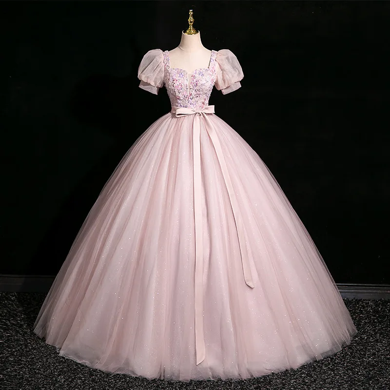 Bling Pink Ball Gown 15 Year Quinceanera Dress Puff Short Sleeves Princess Customized Bow Belt Party Vestidos De Fiesta