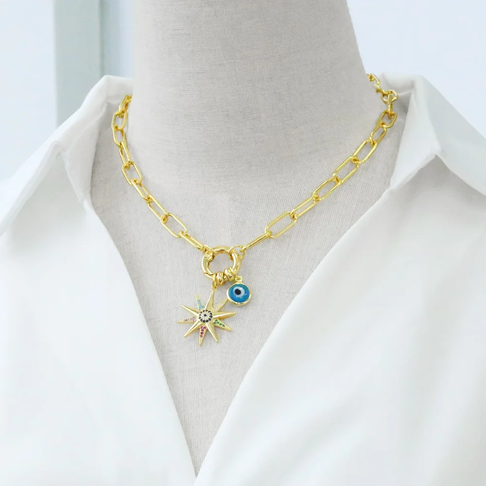 FLOLA Rainbow Evil Eye Necklaces for Women Copper Cubic Zirconia Fatima Hand Necklaces Gold Plated Jewelry olho grego nkeu82