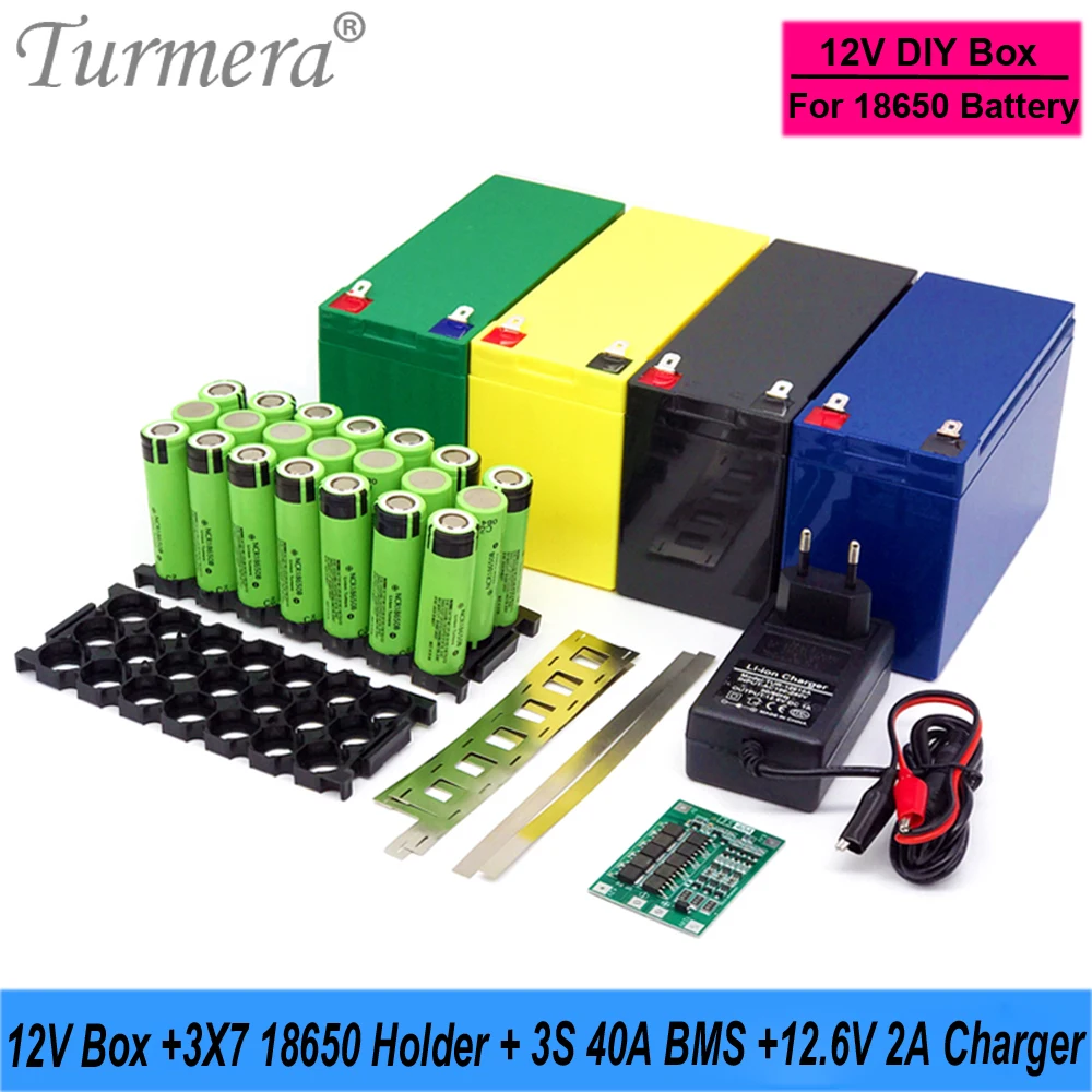 Turmera 12V Battery Empty Box 2A Charger 3X7 18650 Battery Holder 3S 40A Balance BMS Weld Nickel  for Replace 12V Lead-Acid Use