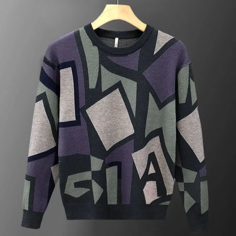 

Men Pull Homme O-Neck Pullover Korean Sweater Plaid Contrasting Color Stitching Print Knitted Sweater Color Fall Winter Sweater