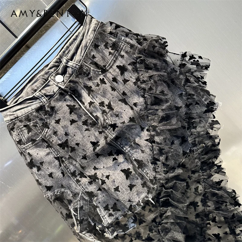 

Original Design Sense Mesh Butterfly Splicing Irregular Women's Denim Skirt Autumn New Sweet Cool A-Line Short Skirts Ladies