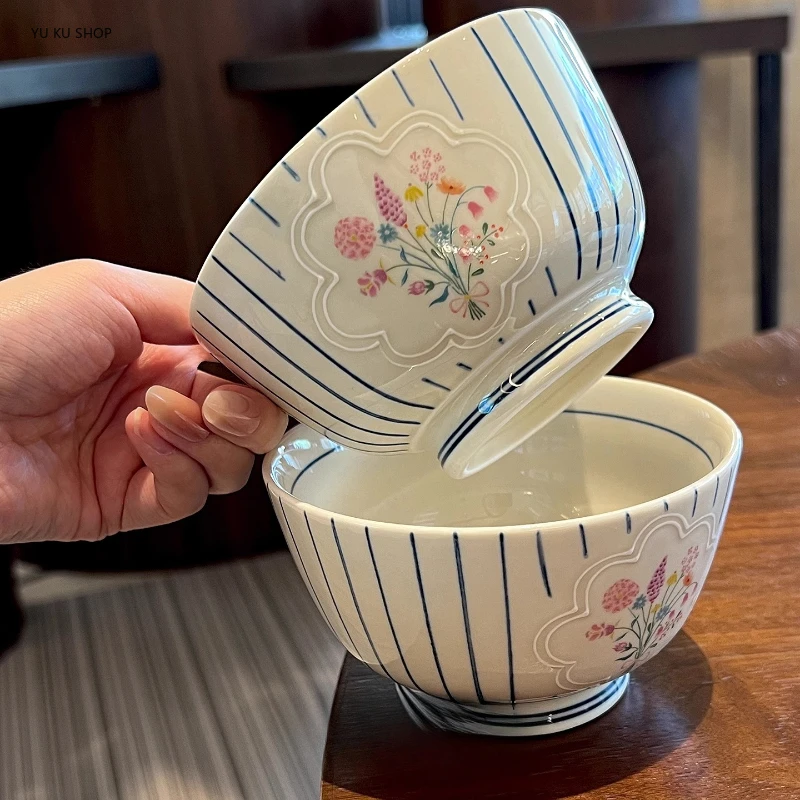 Korean Ceramic Tableware Striped Bouquet Rice Soup Salad Bowl Dish Pasta Dessert Plates Dinnerware Dinnerware Table Decoration