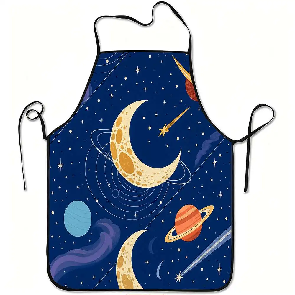 1pc Apron Featuring a Print of Space, Planets, The Moon, And Stars. It'S Sturdy, Easy to Maintain, Has an Adjustable Waistband,